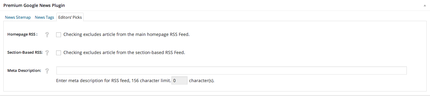 WordPress Premium Google News Plugin Editors' Picks Meta Box Screen Shot